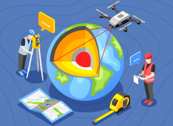 Geodesy isometric background with profile view of earth globe with map measure tape and worker characters vector illustration